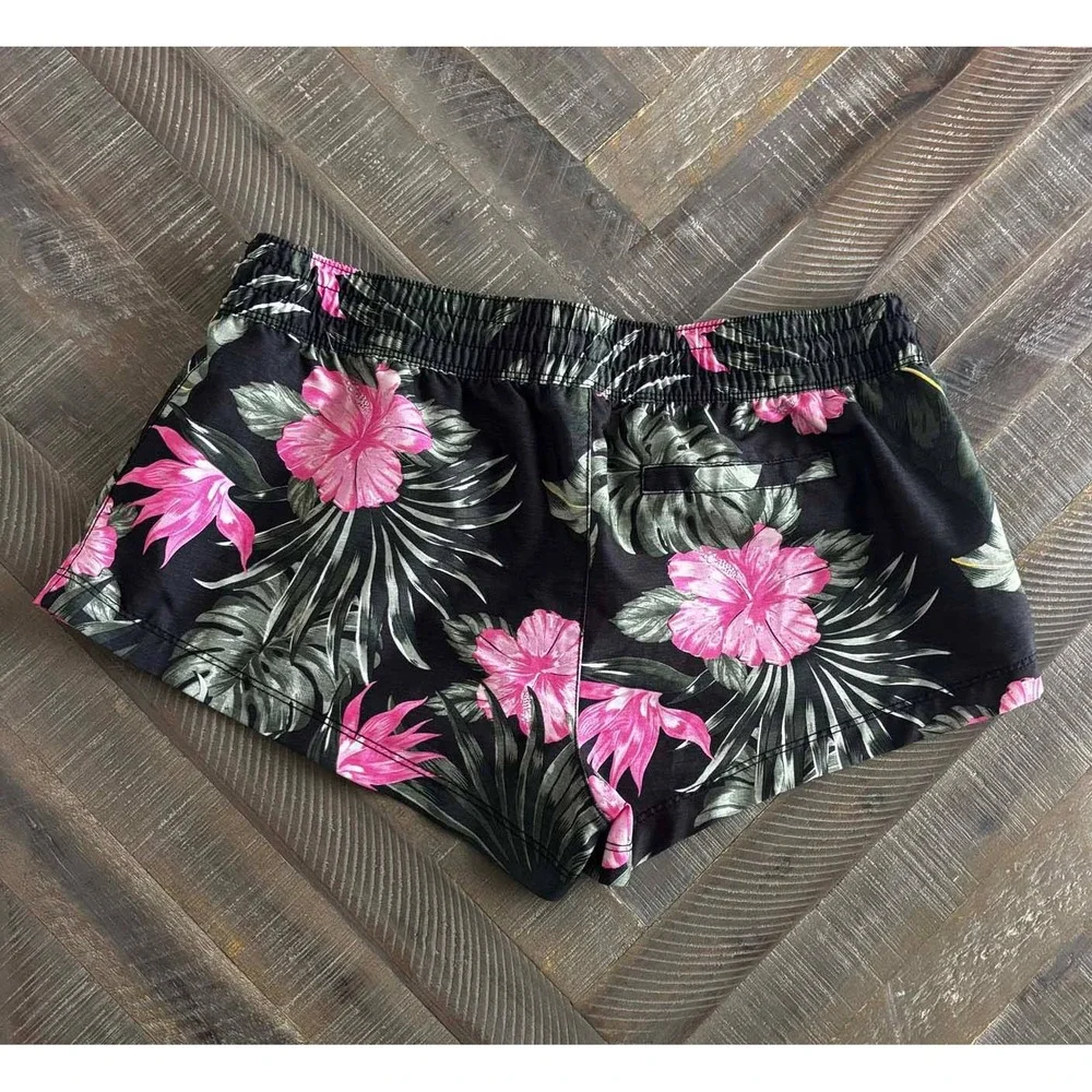 Hurley Women Black Pink Tropical Hibiscus Floral Board Shorts Swim Trunks M